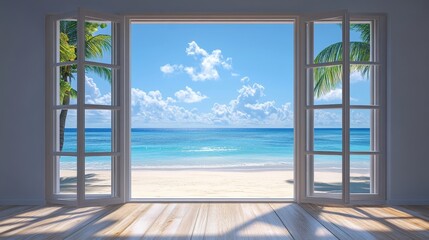 Open window view of tropical beach with clear blue sky and palm trees