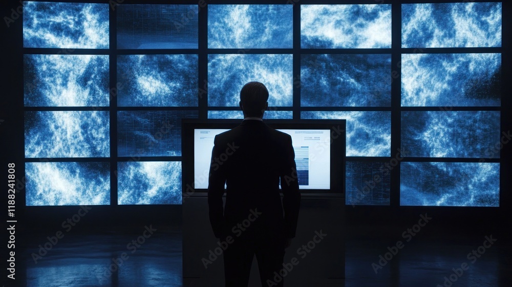 Poster Man in Suit Observing Data on Multiple Screens