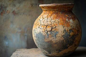 Close up of an old, cracked clay pot resting on a stone, showcasing the beauty of handmade pottery and the effects of time