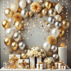 Festive and elegant layout with a collection of gold, silver, and white balloons clustered at the top	
