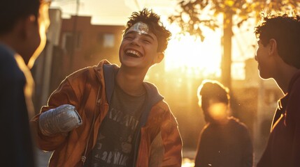 Happy Boy Laughing With Friends In Golden Sunlight