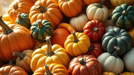 A vibrant display of autumnal gourds, featuring pumpkins of various shapes and sizes, showcasing a spectrum of orange, yellow, green, and white hues.