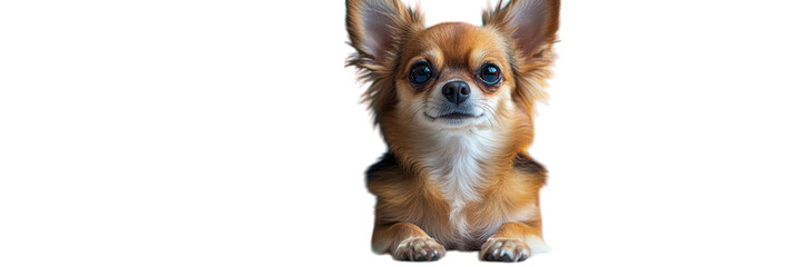 Chihuahua in a poised stance, sleek silhouette, bright white backdrop, showcasing its alert demeanor and charming personality