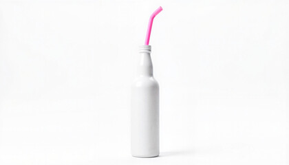 Sleek bottle with pink straw on white background, refreshing concept