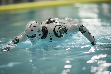 Advanced humanoid robot performing swimming motions in olympic sized pool, showcasing cutting edge robotics and artificial intelligence