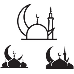 Muslim mosque silhouete black and white vector illustration. Eid Mubarak Ramadan Kareem Islamic Greeting of Holy Month vector illustration.