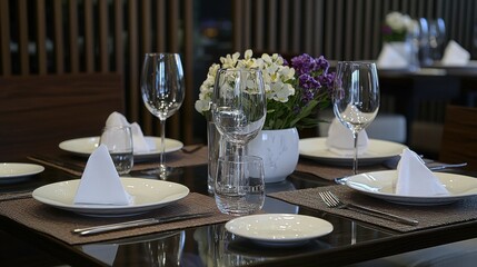 Fototapeta premium A neatly set restaurant table with plates, cutlery, and wine glasses, ready for guests. 