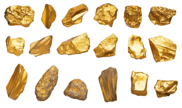 Natural gold nuggets collection showcasing various shapes, sizes, and textures of raw gold specimens, isolated on transparent background, png