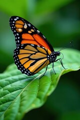 Fototapeta premium Close-up of a monarch butterfly on a leaf with veins and edges , edges, butterflies