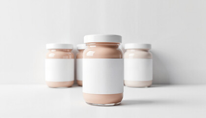 Close-up of label on amber jar with white background, product showcase