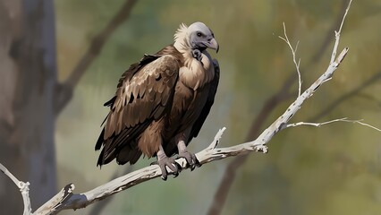 
 
A vulture with a gray head and brown feathers is perched on a branch and staring off to the side. The background is blurred, making the vulture the focal point of the image. 