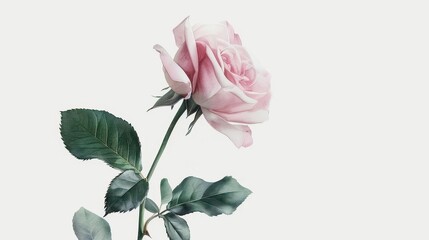Obraz premium A delicate pink rose with green leaves against a white background, symbolizing beauty and nature.