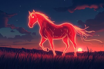 Obraz premium Neon red horse glowing in night landscape with sunset and stars