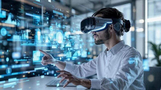 4k Footage of Man using virtual reality headset in a modern office, interacting with digital data overlays. Perfect for showcasing VR technology, innovation, and immersive experiences.