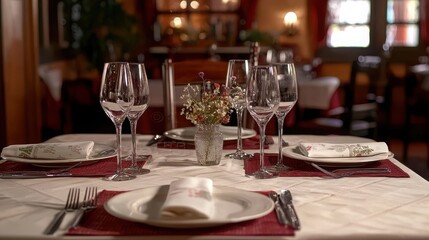 A neatly set restaurant table with plates, cutlery, and wine glasses, ready for guests. 