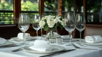 A neatly set restaurant table with plates, cutlery, and wine glasses, ready for guests. 