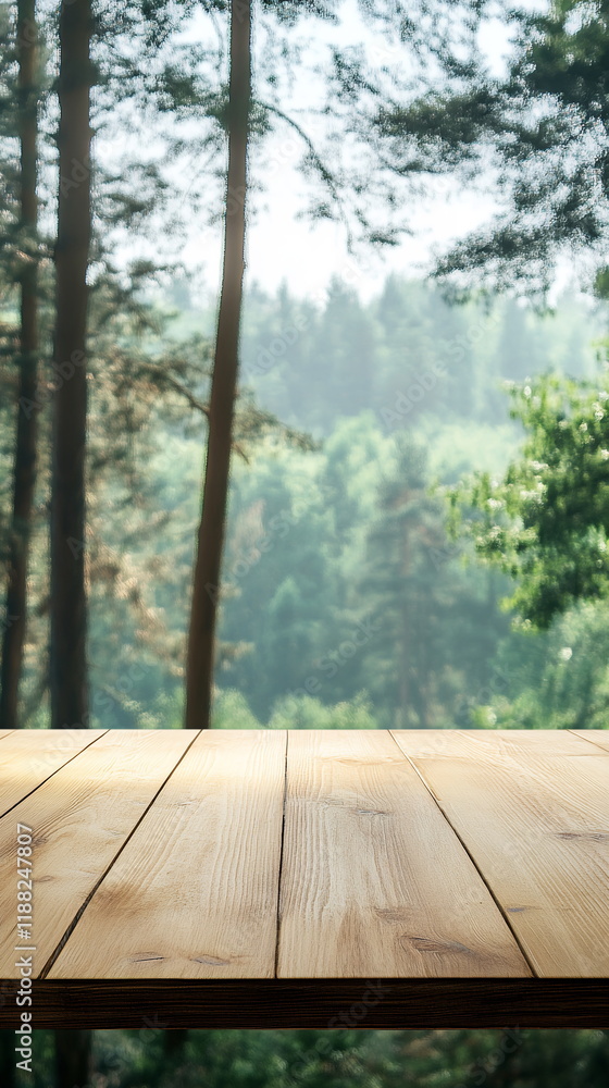 Poster light wooden countertop with a background of an open window showing a forest scene. outdoor mockup f