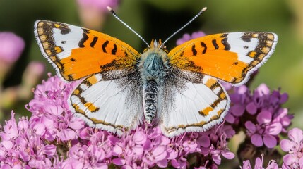 Obraz premium A vivid orange and white butterfly perched on vibrant pink flowers, showcasing nature's beauty and colors.