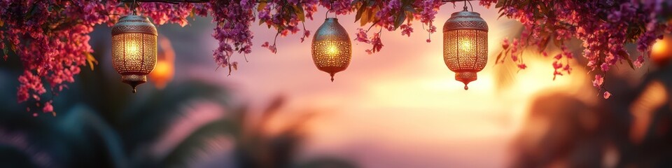 Obraz premium Romantic Sunset with Hanging Lanterns and Flowers