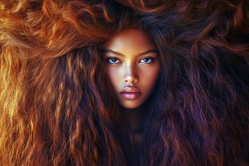 Obraz premium Commercial promotion visual idea art. Gorgeous calm mixed-race girl - for ads, poster and social media use. Long hairdo - afro hair. Colored hair creative inspiration. Colored hair advertising.