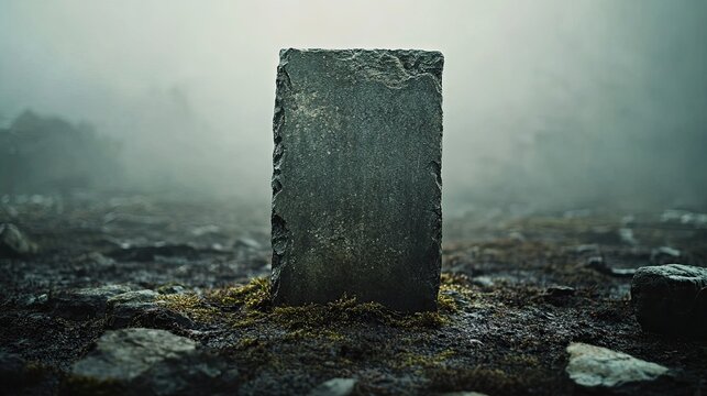 Blank old gravestone in graveyard, symbolizing history, memory, and somber reflections, ideal for memorial designs, historical themes, and respectful commemorations