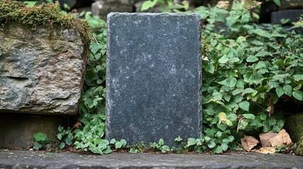 Blank old gravestone in graveyard, symbolizing history, memory, and somber reflections, ideal for memorial designs, historical themes, and respectful commemorations