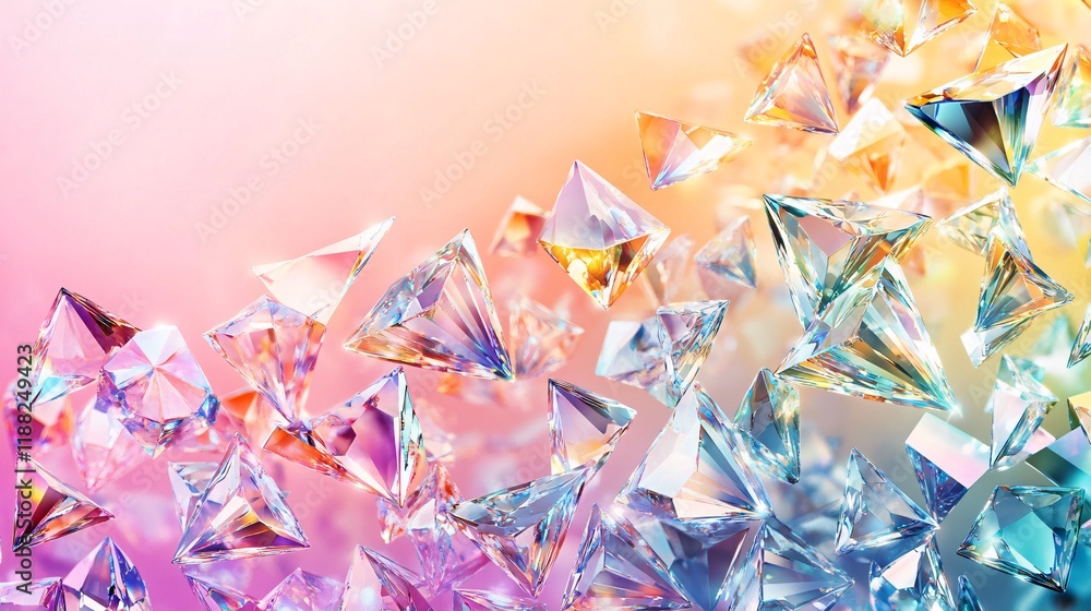 Poster a dazzling array of colorful crystals reflecting light in a vibrant gradient background.