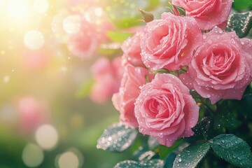 Obraz premium Close up of pink roses with dew in garden.