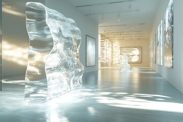 A modern art gallery with fluid digital installations and translucent sculptures, highlighted by...