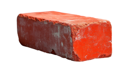 Tilted Red Brick on White Surface, a striking single brick positioned at an angle, emphasizing simplicity and bold color against a clean backdrop