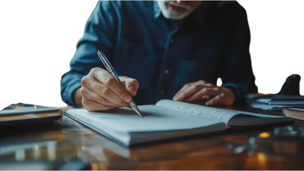 Teacher diligently taking notes on a notepad, organized workspace, minimalistic white background, emphasis on focus and productivity