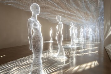 A modern art gallery with intricate wire sculptures and holographic light displays, highlighted by...