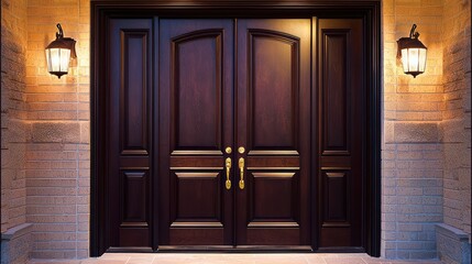 Elegant dark wood doors with brass fixtures against tan brick.