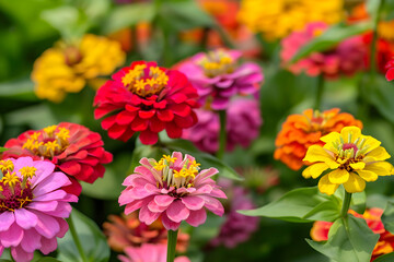 Obraz premium Blooming Splendor: A Stunning Exhibit of JZ Zinnia Flowers Against A Verdant Foliage Backdrop