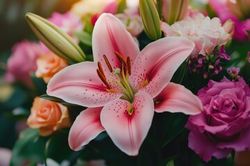 Fototapeta premium Close up of colorful bouquet with lilies roses and carnations.