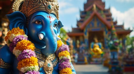 Obraz premium Vibrant blue ganesha statue in colorful temple setting with floral garlands