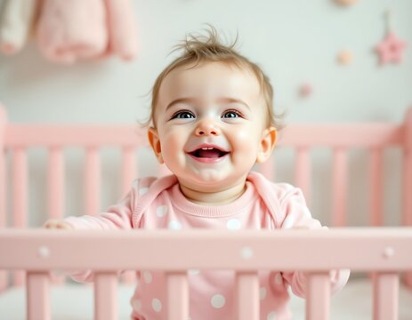 Fototapeta A smile baby with pink onesie standing in a pink crib in a cozy baby bedroom