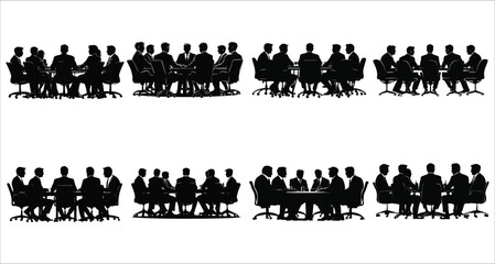 Business team meeting silhouettes in a office vector. Corporate businessman meeting silhouettes. Team of businessmen meeting silhouettes at office vector illustration