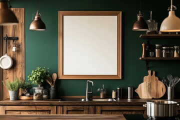 Blank frame mockup in rustic kitchen with wooden cabinets, dark green walls, and copper pendant lights.