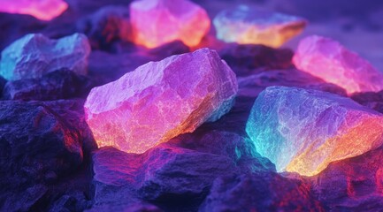 Fototapeta premium Glowing crystals in vibrant colors on dark rocks