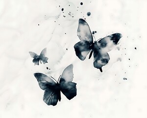 Flying butterflies depicted in minimalist watercolor ink, capturing the essence of their ethereal beauty and lightness.
