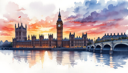 Fototapeta premium Iconic view of the London skyline featuring Big Ben, Westminster Palace, and the Thames during a vibrant sunset, with colorful skies and tranquil water reflecting the historic architecture.