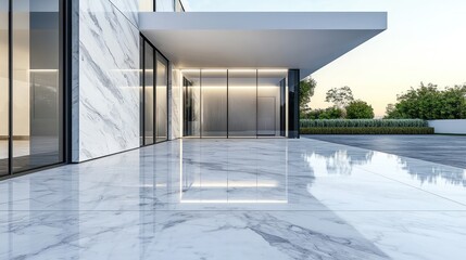 Angular lines of marble driveway leading to glass entryway.