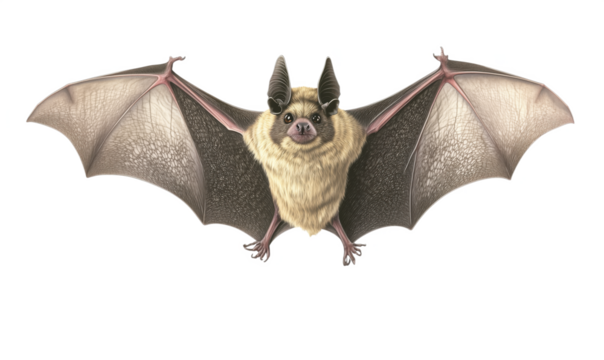Detailed illustration of a bat showcasing its unique features, including large ears, fur texture, and wingspan, against a white background, isolated on transparent background, png