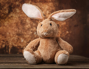 Obraz premium A plush rabbit with long ears set against a weathered, vintage-style grunge background.