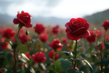 Naklejka premium Focus on red roses in a rose field