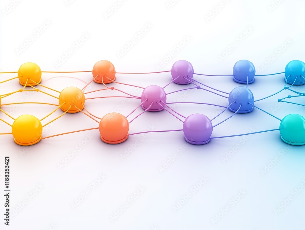 Poster colorful 3d network of interconnected abstract spheres on gradient background