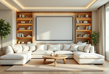 Modern living room in white tone with plush sofa and pillows, a wooden coffee table and bookshelves and blank large picture frame on the wall and adorned with potted plants, interior home design