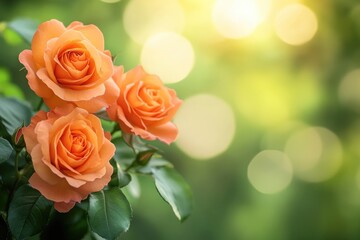 Orange roses on green leaf background with soft focus.