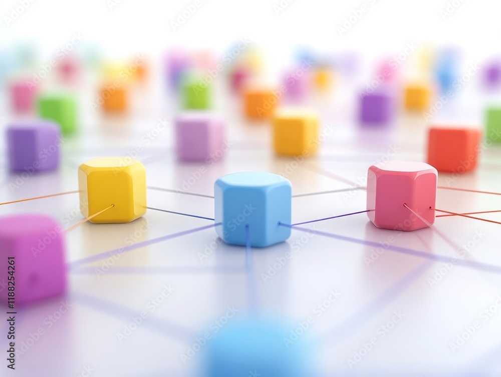 Poster colorful geometric blocks connected by lines in abstract network design